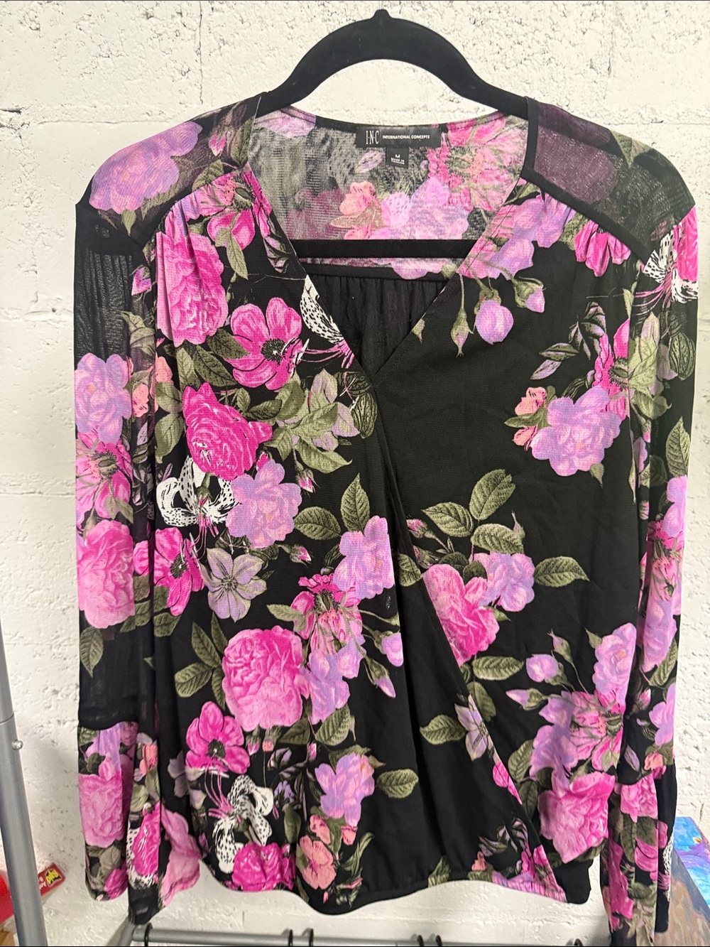 Floral Wrap-Front Long Sleeve Top Black NWOT Pink Floral INC Long Sleeve Medium